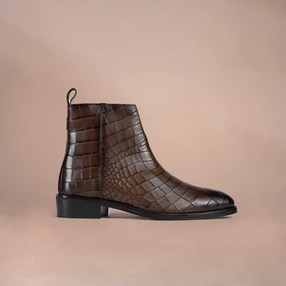 Piel Cuero Brown Crocodile Print Leather Zipper Ankle Boots
