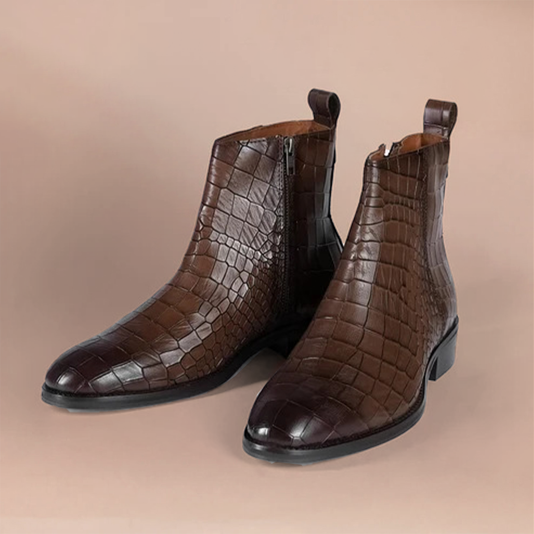Piel Cuero Brown Crocodile Print Leather Zipper Ankle Boots