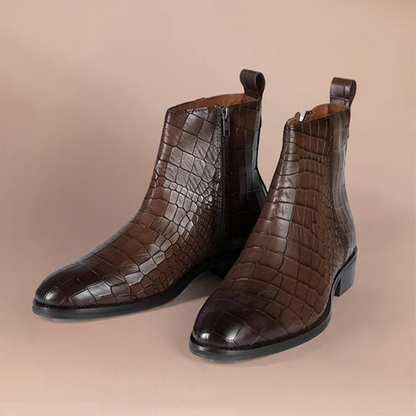 Piel Cuero Brown Crocodile Print Leather Zipper Ankle Boots