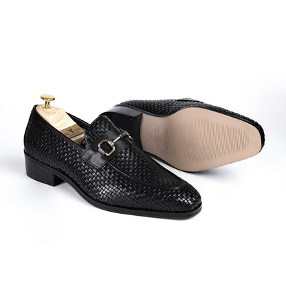Handcrafted Woven Leather Horsebit Loafers for Men Black