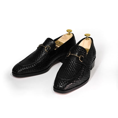 Handcrafted Woven Leather Horsebit Loafers for Men Black