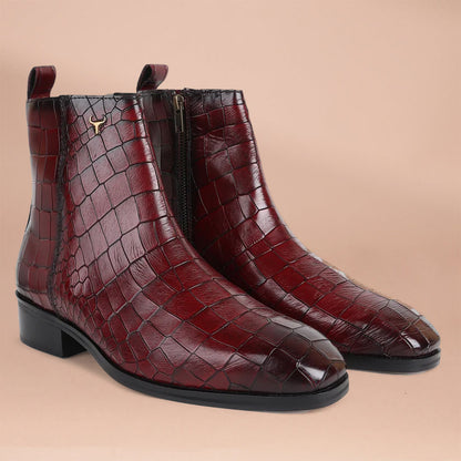 Piel Cuero Men’s Cherry Deep Cut Croc Print Embossed Leather Chelsea Boots