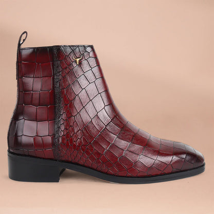 Piel Cuero Men’s Cherry Deep Cut Croc Print Embossed Leather Chelsea Boots