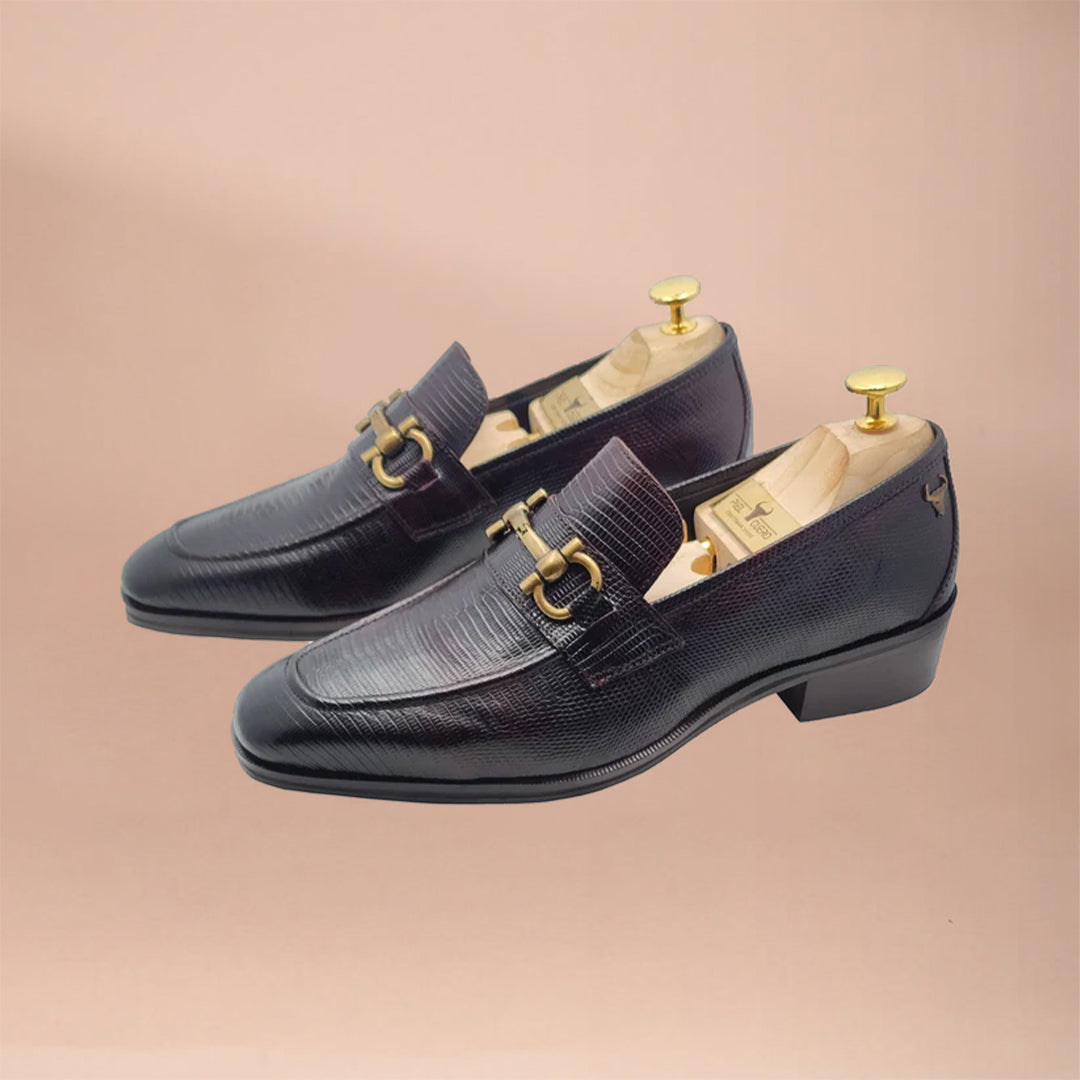 Men's Dark Brown Textured Leather Loafers with Gold Buckle by Piel Cuero