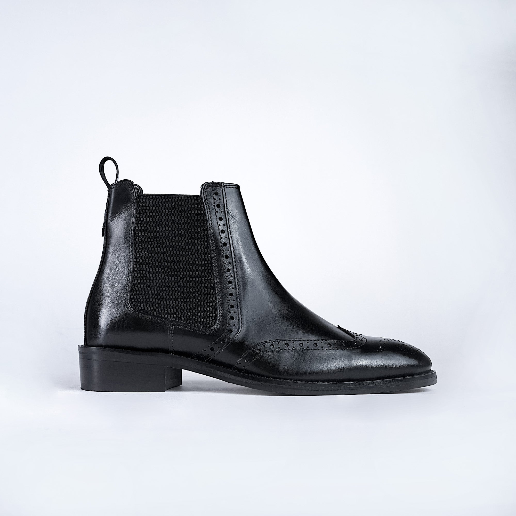 Piel Cuero Black Genuine Leather Brogue Chelsea Boots