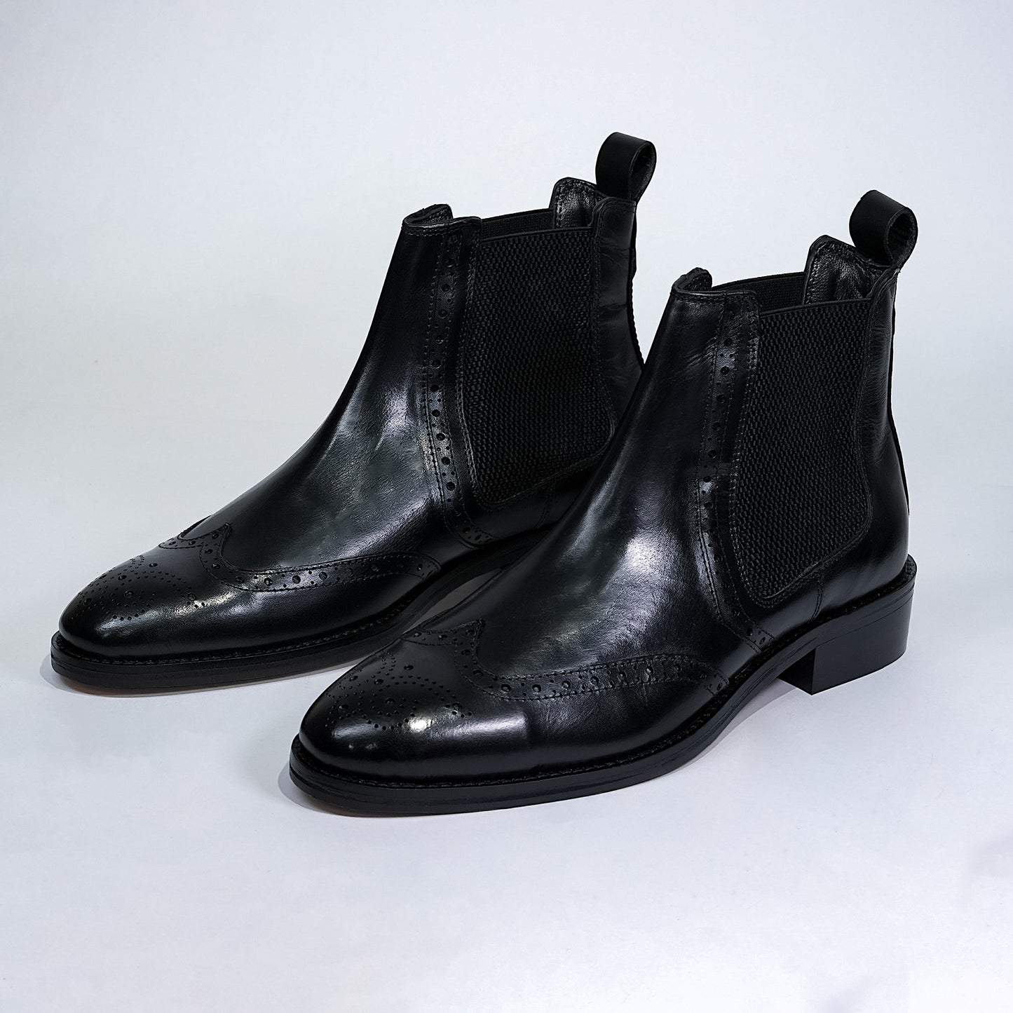 Piel Cuero Black Genuine Leather Brogue Chelsea Boots