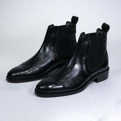 Piel Cuero Black Genuine Leather Brogue Chelsea Boots