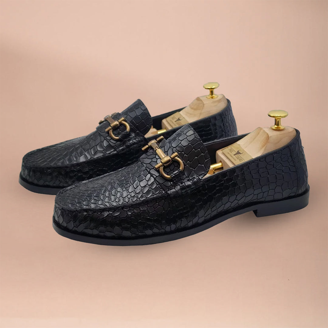 Piel Cuero Black Croc-Embossed Genuine Leather Horsebit Loafers - Men's Slip-On Dress Shoes | Made in India