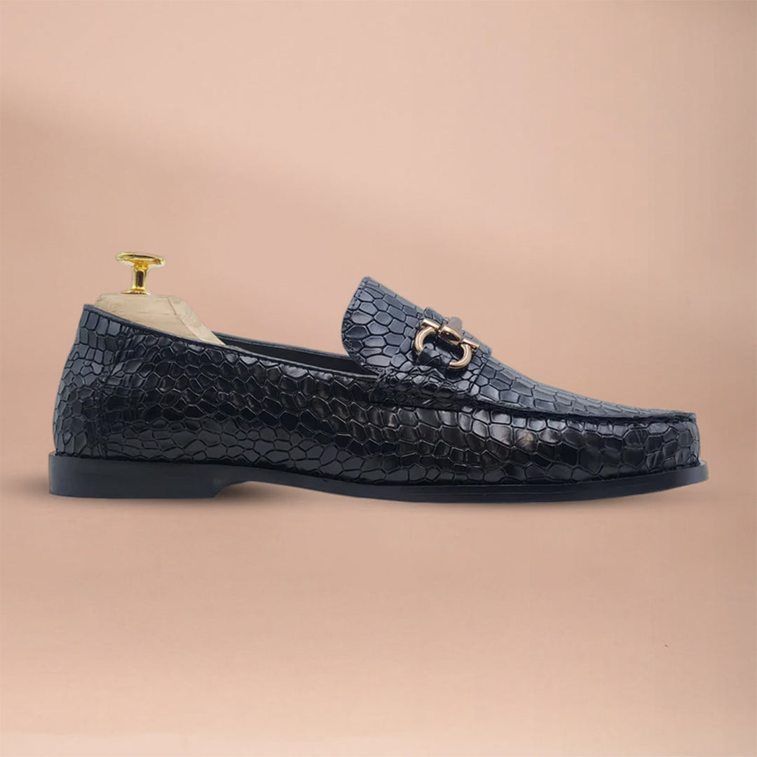 Piel Cuero Black Croc-Embossed Genuine Leather Horsebit Loafers - Men's Slip-On Dress Shoes | Made in India