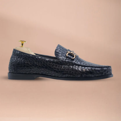 Piel Cuero Black Croc-Embossed Genuine Leather Horsebit Loafers - Men's Slip-On Dress Shoes | Made in India