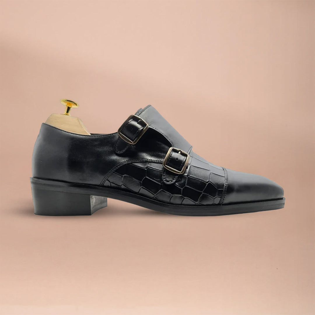Men's Black Double Monk Strap Shoes | Crocodile-Embossed Leather