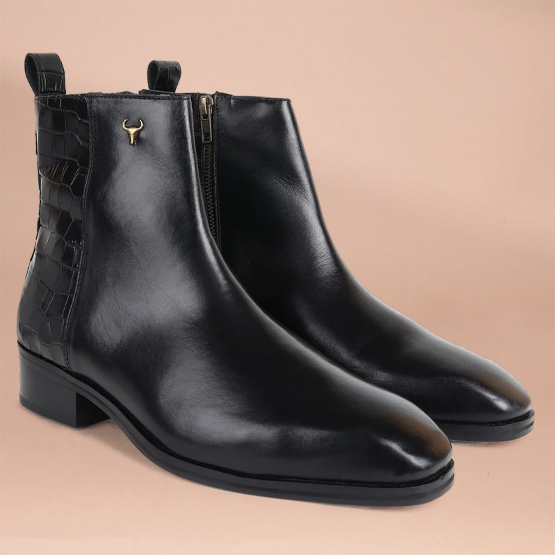 Piel Cuero Men’s Black Croco Plain Full‑Grain Leather Side Zipper Chelsea Boots