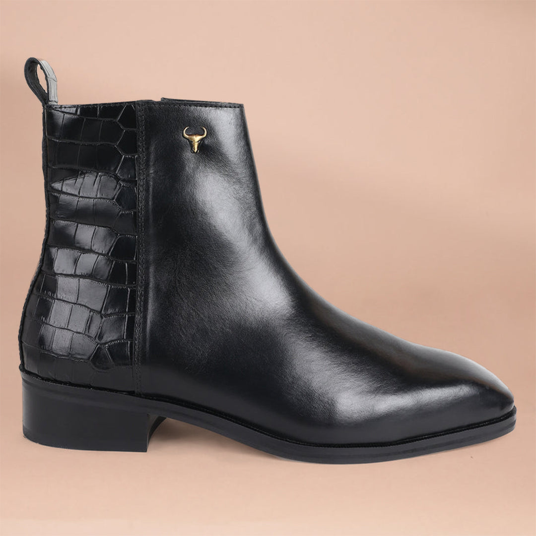 Piel Cuero Men’s Black Croco Plain Full‑Grain Leather Side Zipper Chelsea Boots
