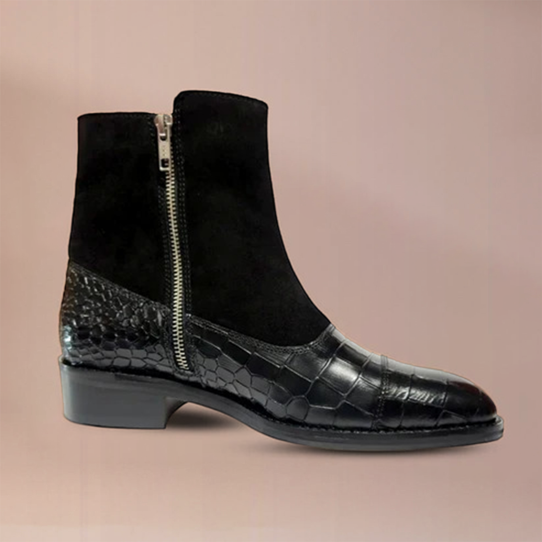 Piel Cuero Men's Black Double Monk Strap Boots with Zipper & Crocodile Pattren Leather