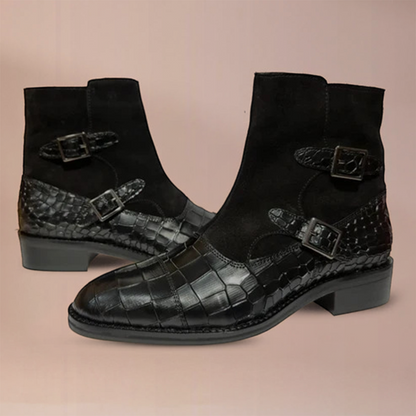 Piel Cuero Men's Black Double Monk Strap Boots with Zipper & Crocodile Pattren Leather