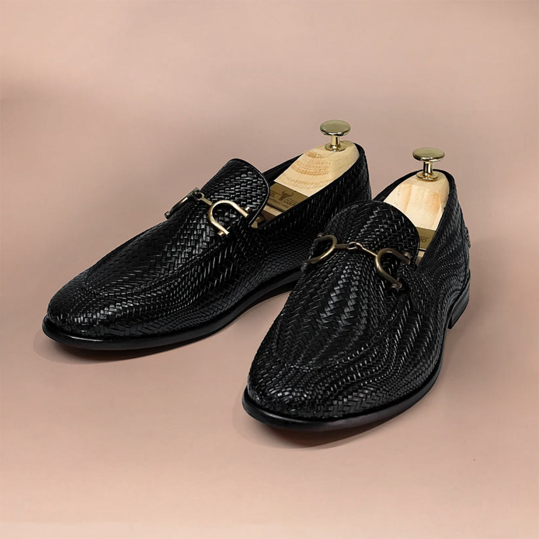 Piel Cuero Hand-Woven Black Leather Loafers | Men's Slip-On Dress Shoes