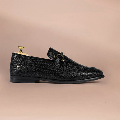 Piel Cuero Hand-Woven Black Leather Loafers | Men's Slip-On Dress Shoes