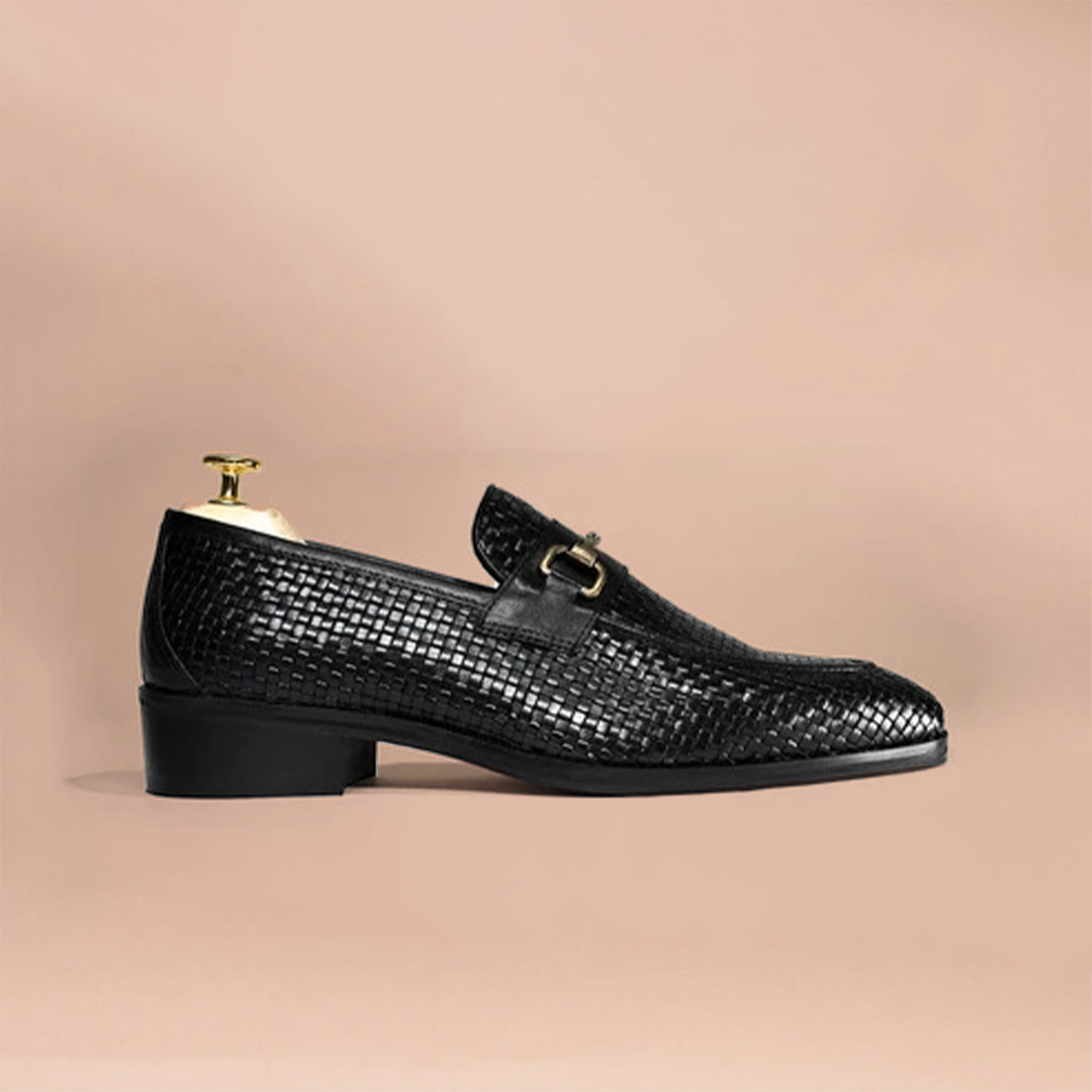 Handcrafted Woven Leather Horsebit Loafers for Men Black