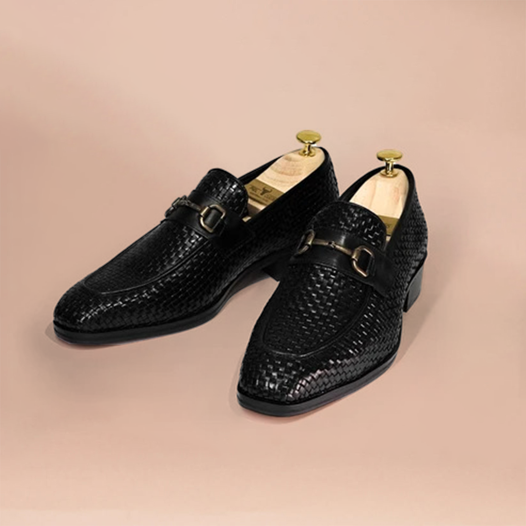 Handcrafted Woven Leather Horsebit Loafers for Men Black