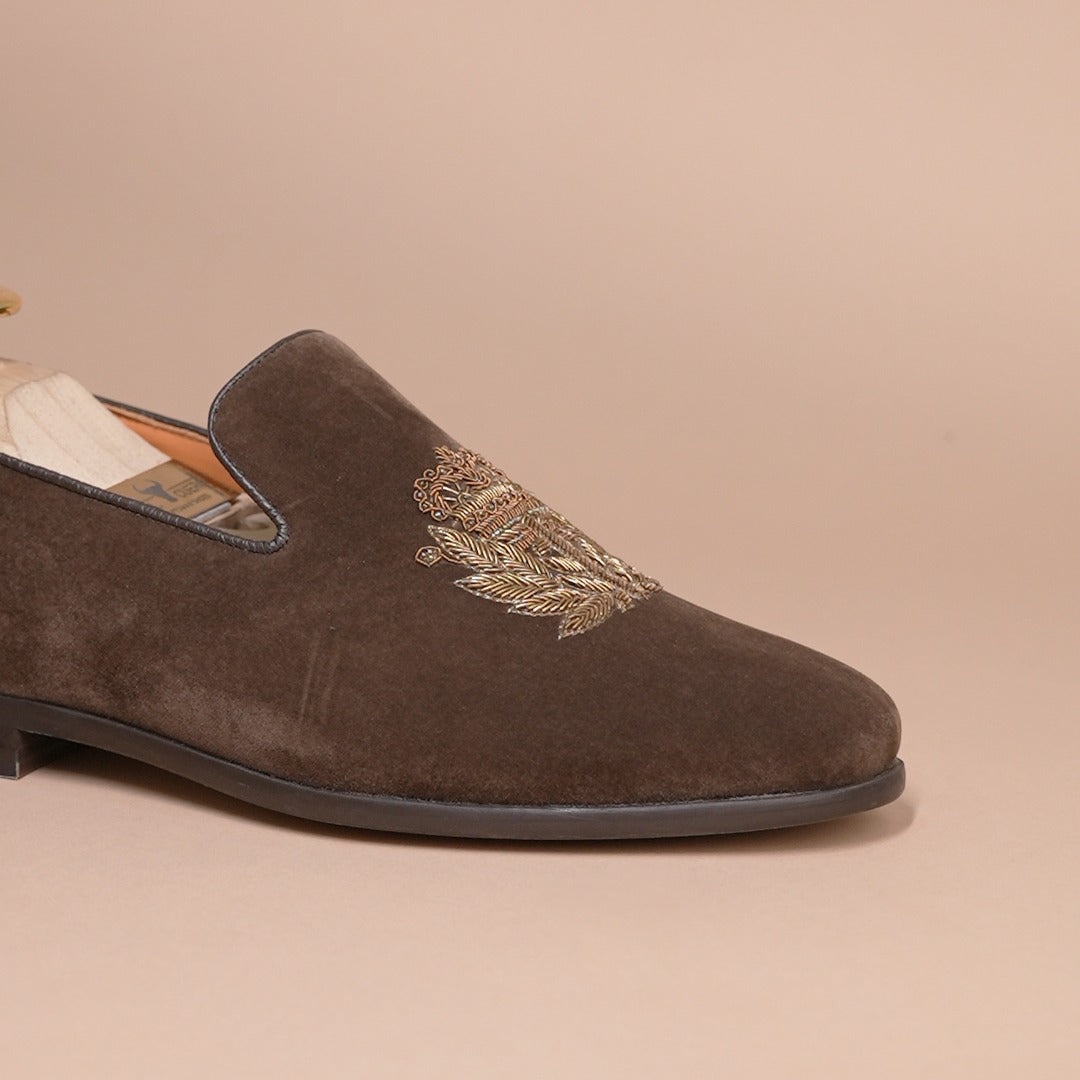 Piel Cuero Dark Brown Palm Tree Embroidered Loafers for Men – Premium Slip-On Shoes