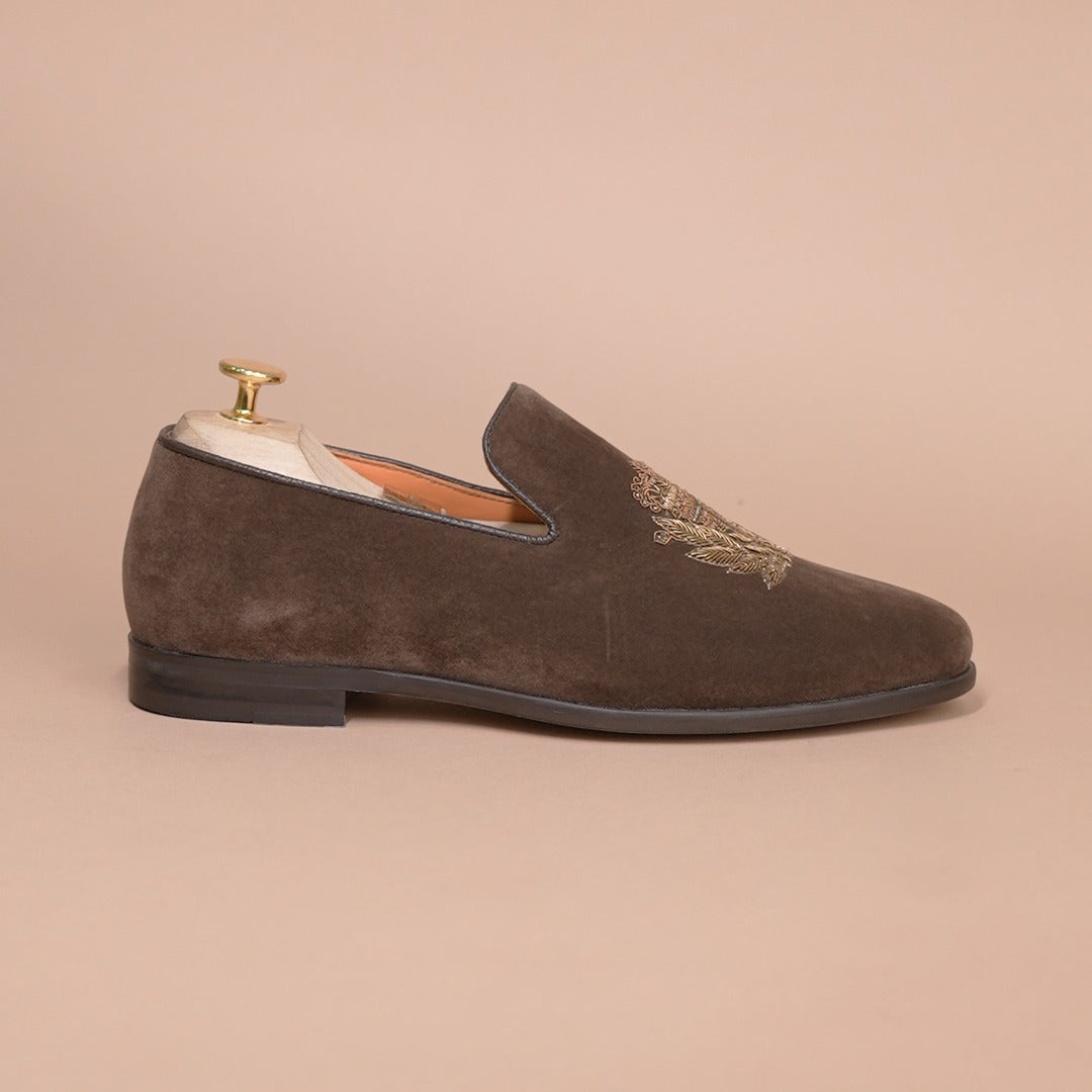 Piel Cuero Dark Brown Palm Tree Embroidered Loafers for Men – Premium Slip-On Shoes