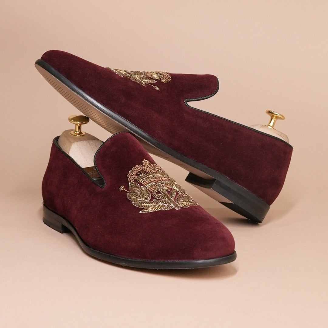Piel Cuero Burgundy Gold Embroidered Velvet Loafers for Men