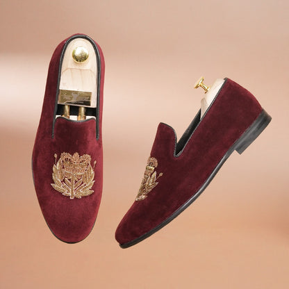 Piel Cuero Burgundy Gold Embroidered Velvet Loafers for Men