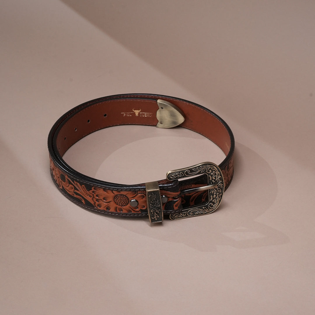 Tan Sunflower Leather Belt for Men | Handcrafted Floral Design Belt