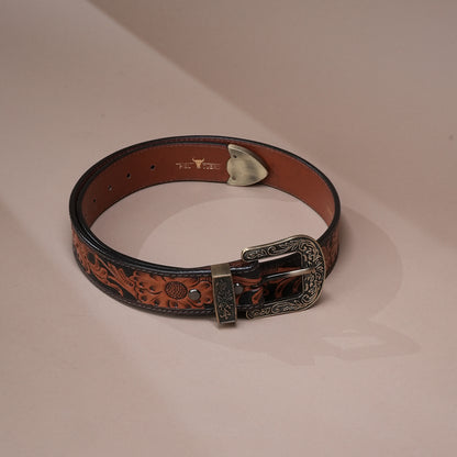 Tan Sunflower Leather Belt for Men | Handcrafted Floral Design Belt