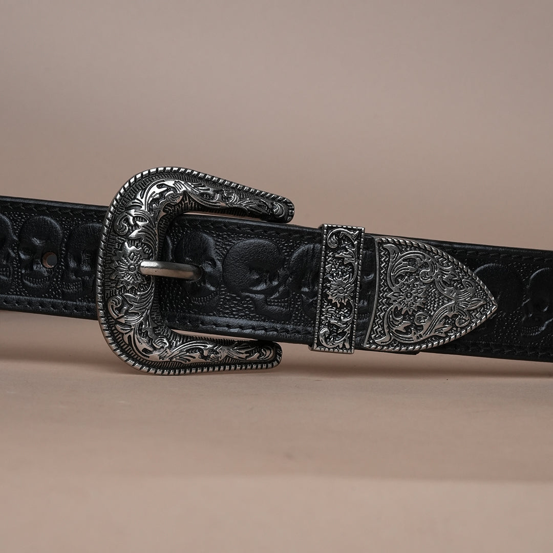Black Skull Leather Belt for Men | Handcrafted Skull Design Leather Belt