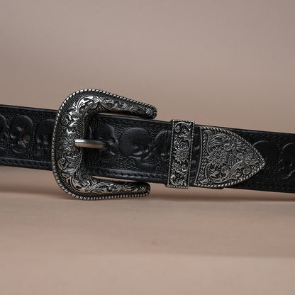 Black Skull Leather Belt for Men | Handcrafted Skull Design Leather Belt