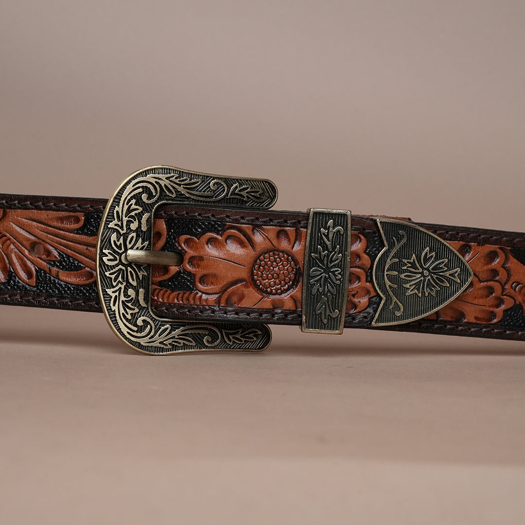 Tan Sunflower Leather Belt for Men | Handcrafted Floral Design Belt