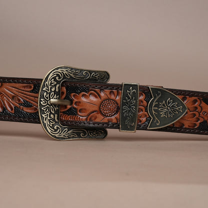 Tan Sunflower Leather Belt for Men | Handcrafted Floral Design Belt