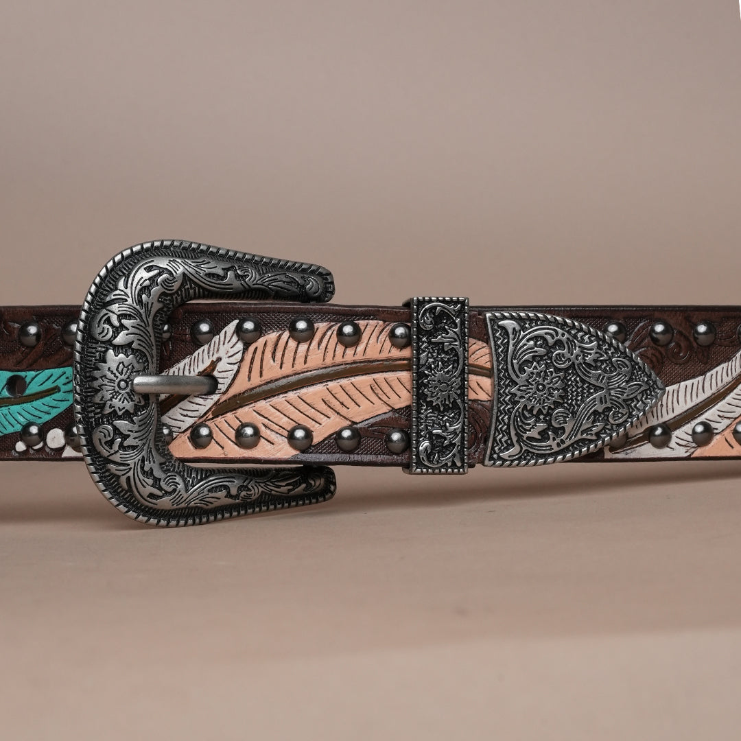 Multi Leaves Leather Belt for Men | Handcrafted Leaf Design Leather Belt