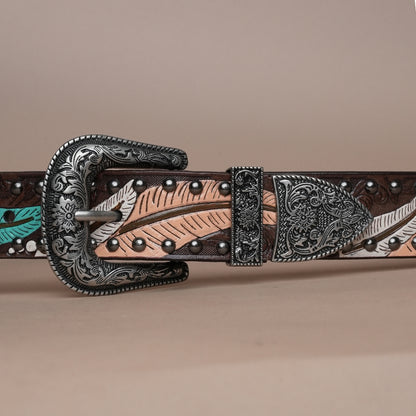 Multi Leaves Leather Belt for Men | Handcrafted Leaf Design Leather Belt