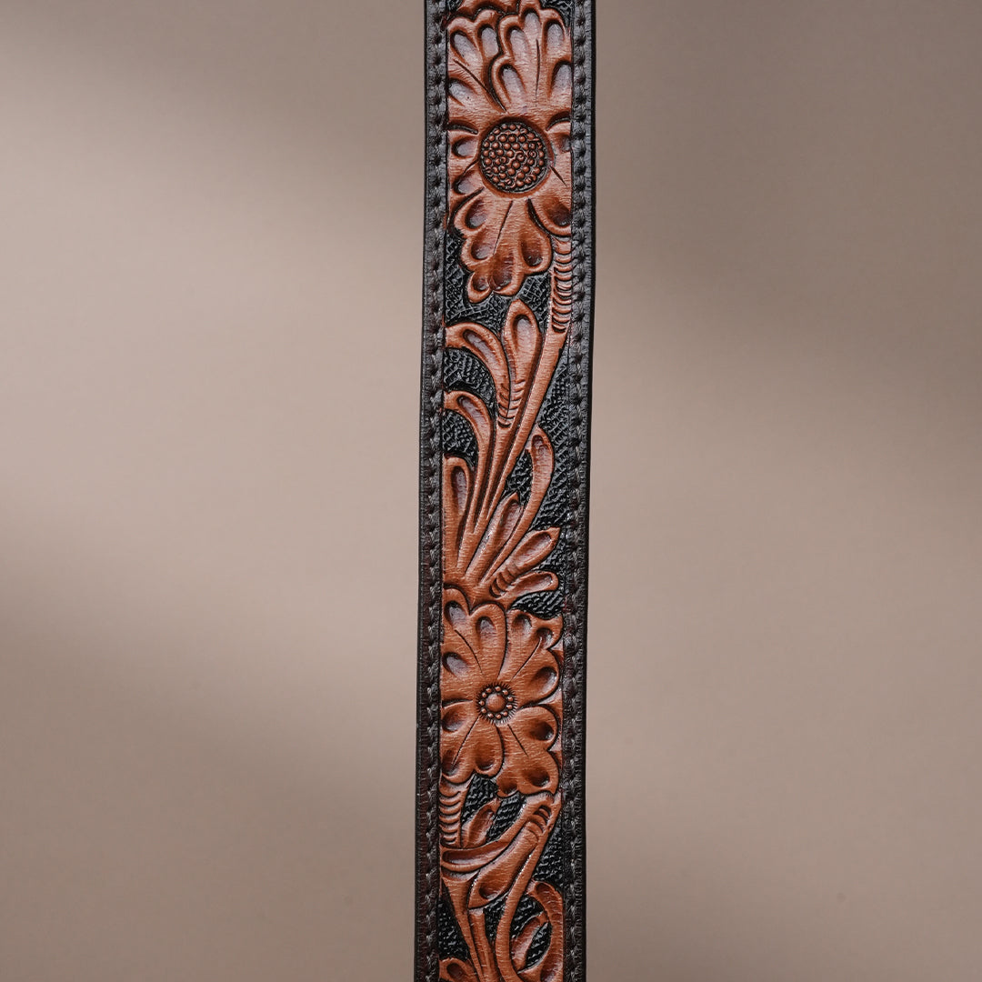 Tan Sunflower Leather Belt for Men | Handcrafted Floral Design Belt