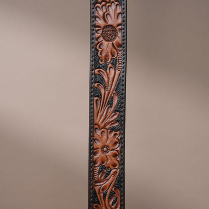 Tan Sunflower Leather Belt for Men | Handcrafted Floral Design Belt