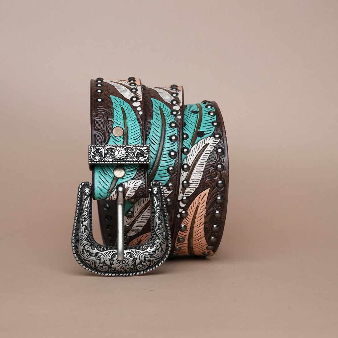 Multi Leaves Leather Belt for Men | Handcrafted Leaf Design Leather Belt