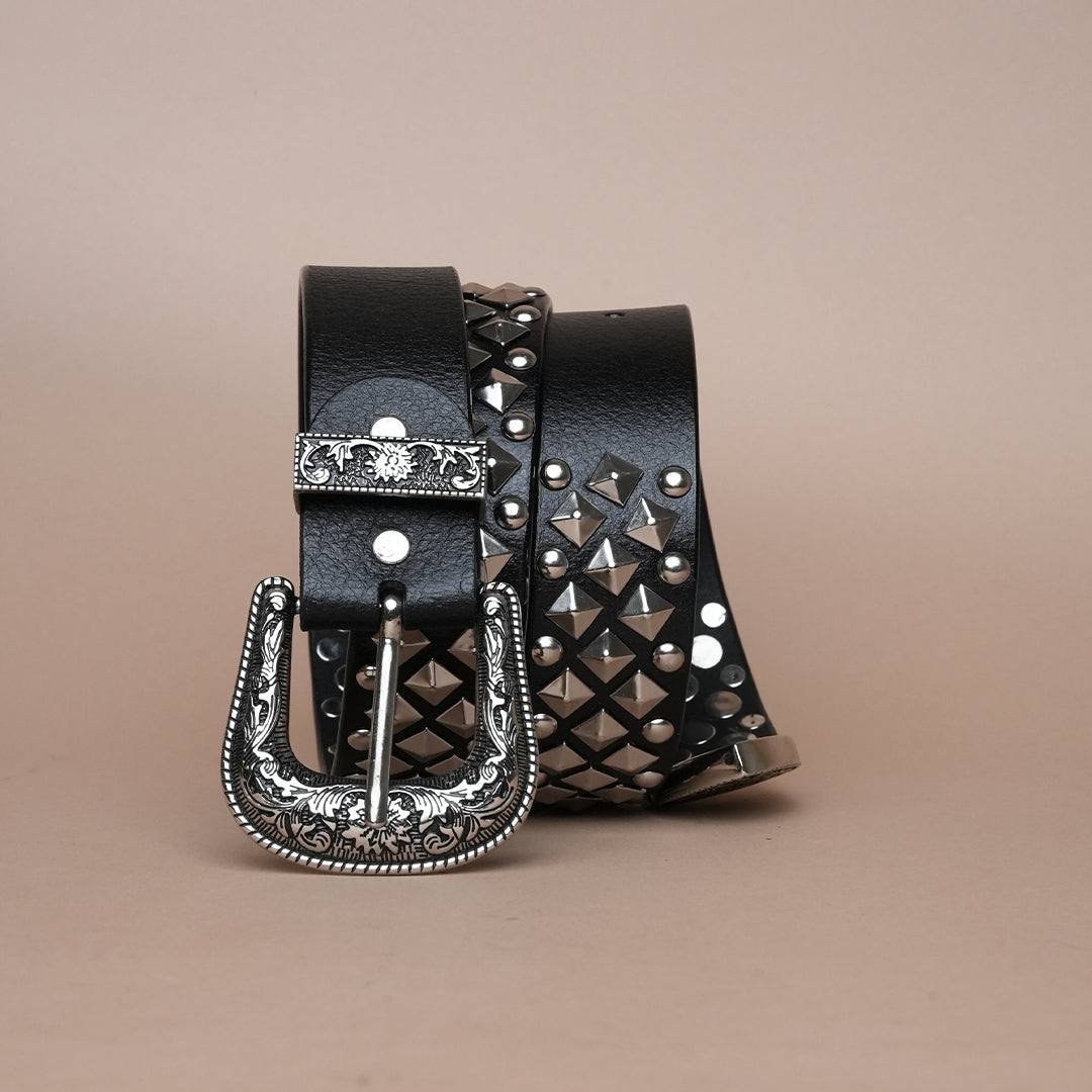 Handmade Leather Black Studded Cowboy Belt for Men