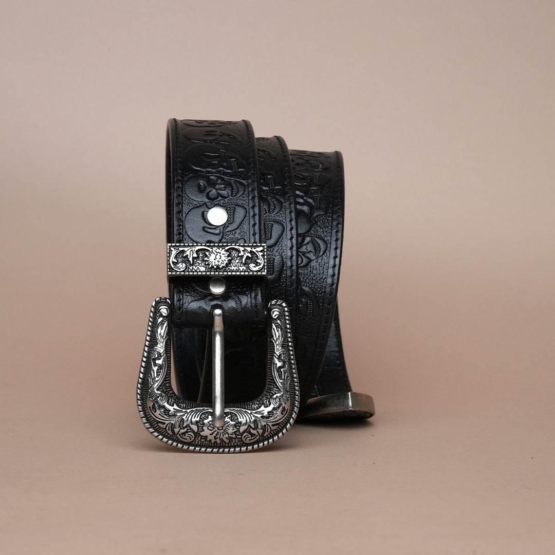 Black Skull Leather Belt for Men | Handcrafted Skull Design Leather Belt