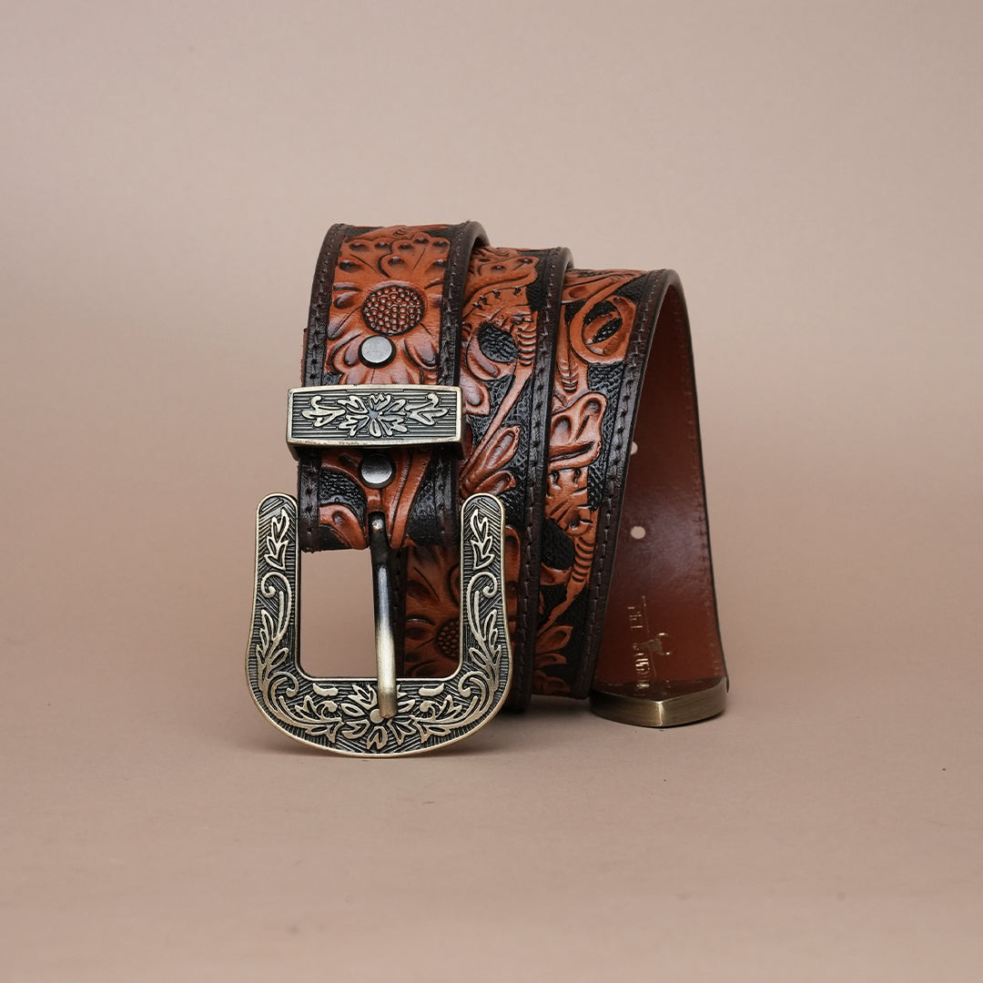 Tan Sunflower Leather Belt for Men | Handcrafted Floral Design Belt