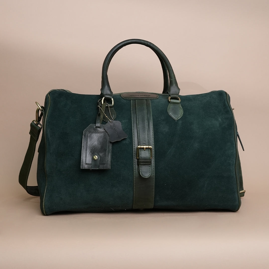 Luxury Dark Green Suede Leather Duffle Travel Bag