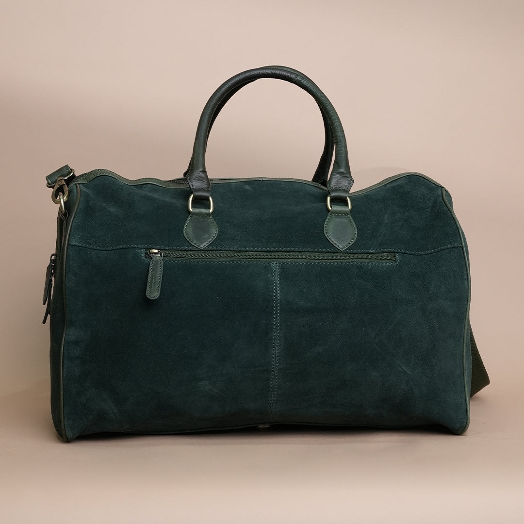 Luxury Dark Green Suede Leather Duffle Travel Bag