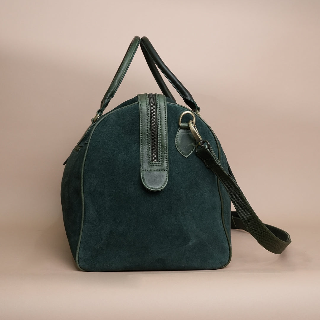 Luxury Dark Green Suede Leather Duffle Travel Bag