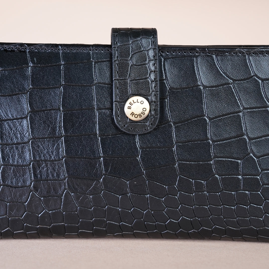 Piel Cuero Black  Croc Genuine Leather Long Wallet for Men | Premium Leather Organizer Wallet