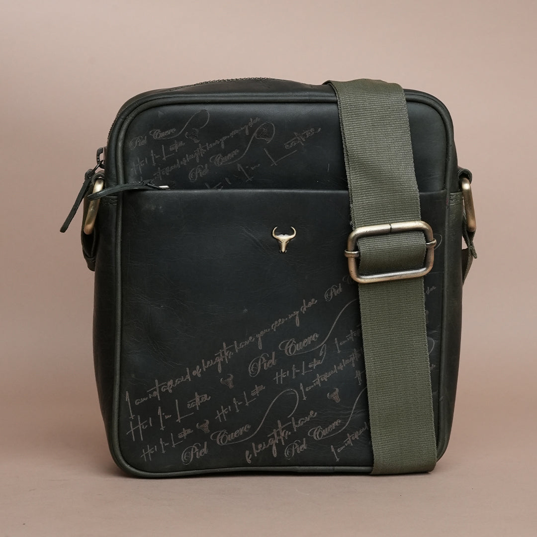 Piel Cuero Bottle Green Laser Work Side Bag – Oil Pull‑Up Leather Signature Series