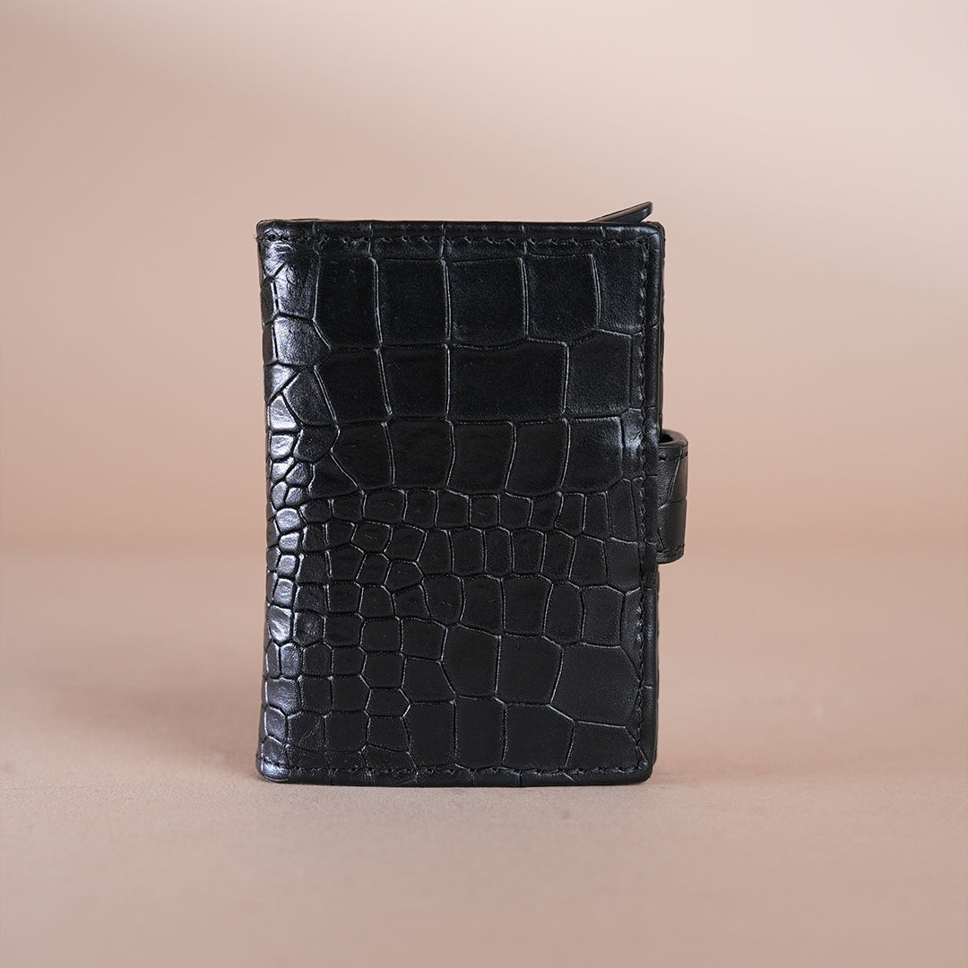 Piel Cuero Black Croc Texture Leather Card Holder for Men