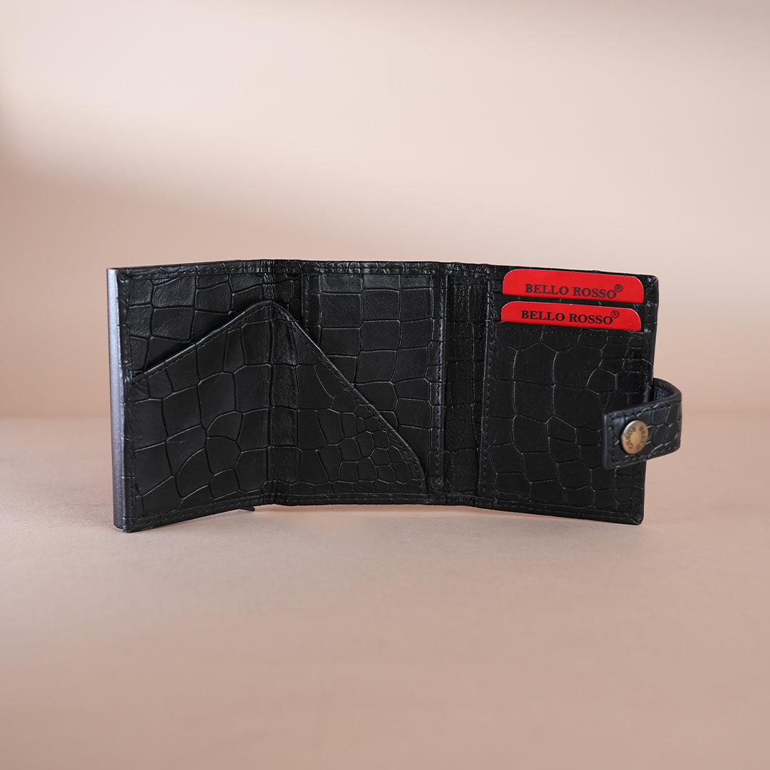 Piel Cuero Black Croc Texture Leather Card Holder for Men
