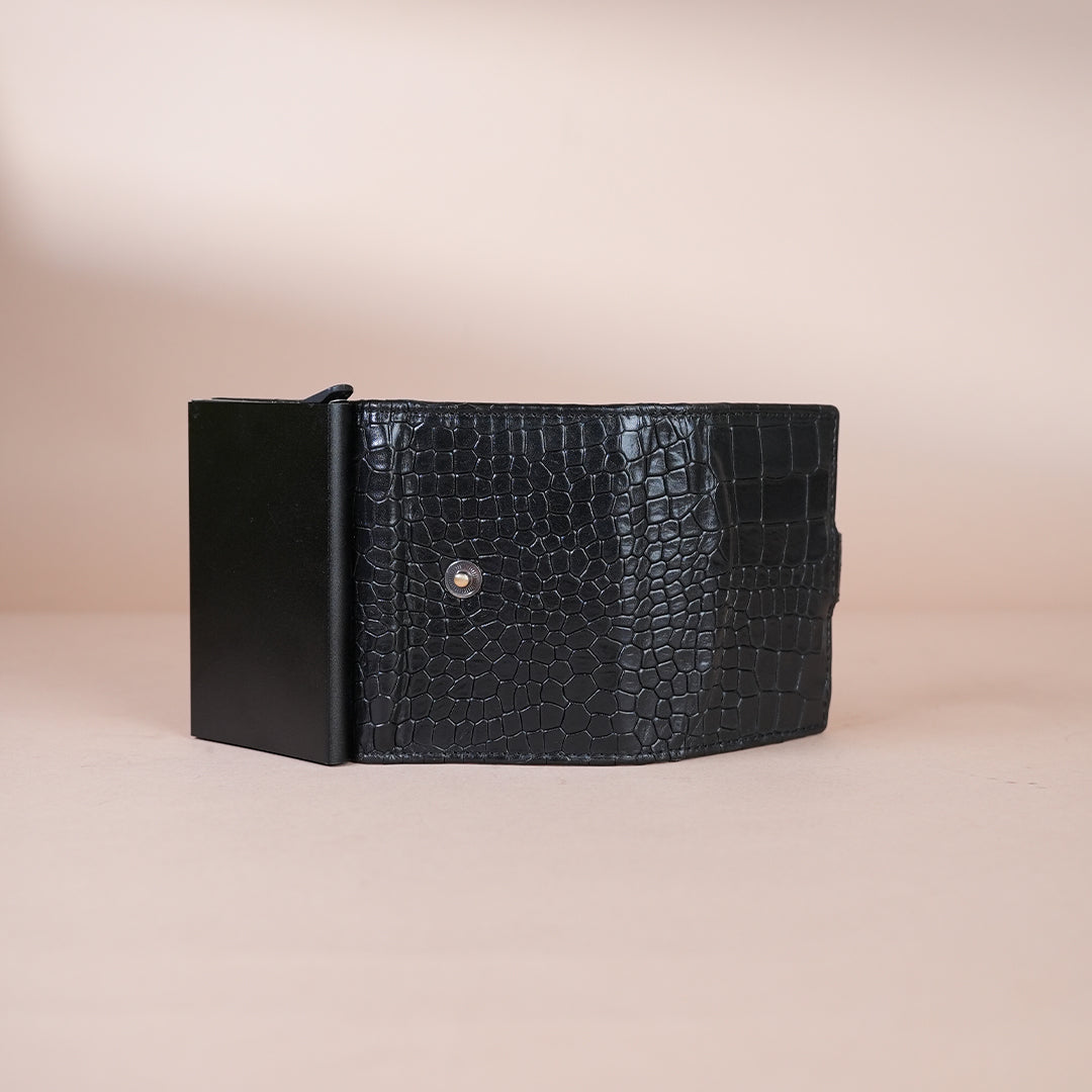 Piel Cuero Black Croc Texture Leather Card Holder for Men
