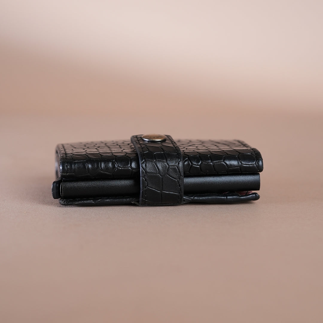 Piel Cuero Black Croc Texture Leather Card Holder for Men